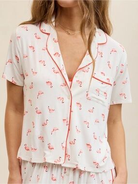 NWT aerie Aerie Real Soft® Short Sleeve Pajama Shirt Large Pink Flamingo Print